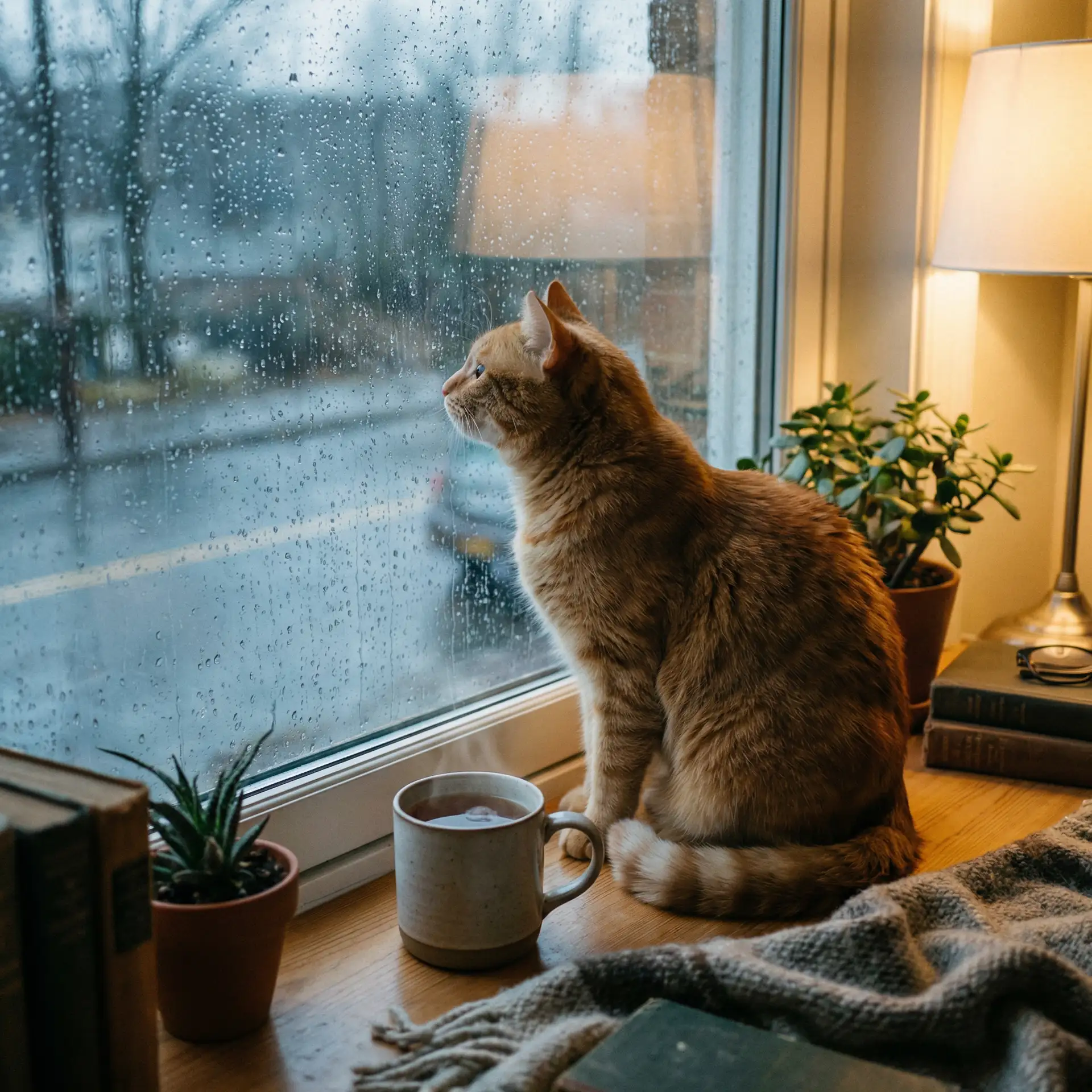 猫咪望着窗外的雨 - 手机响铃